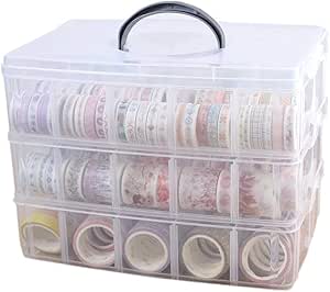 Washi Tape Holder, Washi Tape Box Organizer Craft Storage - 3 Layer Large Divider Closet Container, with 30 Adjustable Compartments, Clear