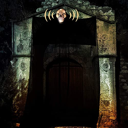 13ft Halloween Hanging Ghost Decorations, special sound effects, Collocation Scary Fake Spiders and Stretch Cbowebs, Creepy Skeleton LED Hanging Props for Halloween Party Indoor and Outdoor Decor