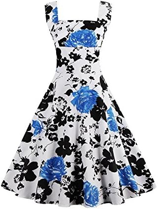 worlsky Women Sexy 50s Swing Vintage Retro Housewife Rockabilly Evening Party Dress Blue Flower1X Plus