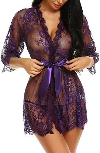Avrilove Women's Kimono Eyelash Lace Robe Babydoll Lingerie Mesh Chemise Nightdress Nightgown