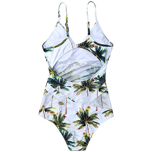 Riversong Womens Sexy V Neck Backless One Piece Coconut Palm Tree Print Swimsuit (Tag S(US 0-2), White)