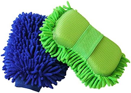 Inner Waterproof House Cleaning &amp; Car Wash Mitt with Sponge Extra Large Chenille Microfiber Home Dusting Glove Kit 2-pack(1 Mitt and 1 Sponge)