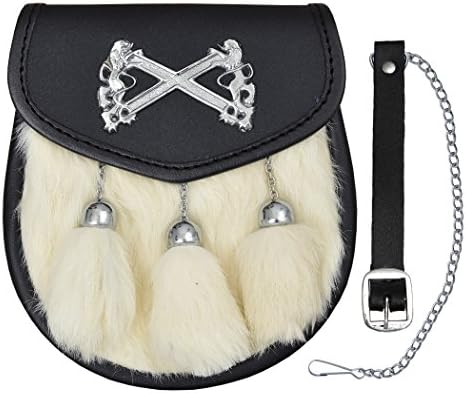 Rampant Lion St. Andrews Sporran with 3 Tassels White Rabbit Fur Sporran