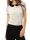 Allegra K Women's Contrast Peter Pan Collar See Through Lace Top White L
