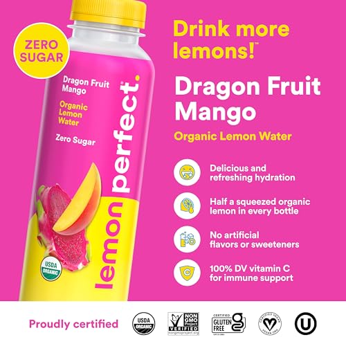 LEMON PERFECT DRAGON FRUIT MANGO, HYDRATING FLAVORED LEMON WATER, ZERO SUGAR, DELICIOUS AND REFRESHING, ORGANIC, 15.2 FL OZ BOTTLE