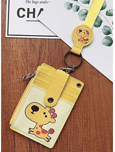 Badge Holder with Zipper, Cute PU Leather ID Badge Holder Wallet with Lanyard, 2-Sided 5 Card Slots and Key Ring for Offices ID, School ID, Driver Licence ect (Giraffe)