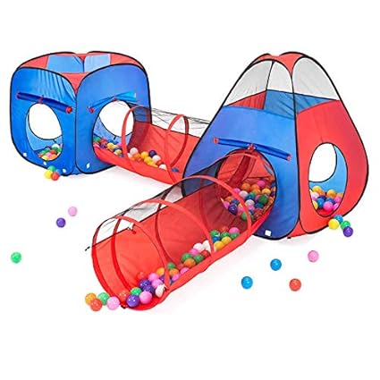 Kiddzery 4pc Kids Play Tent Pop Up Ball Pit - 2 Tents + 2 Crawl Tunnels - Children Toy Tent for Boys Girls, Toddlers Baby, Large Playhouse for Indoor Outdoor with Carrying Case, Great Gift Idea