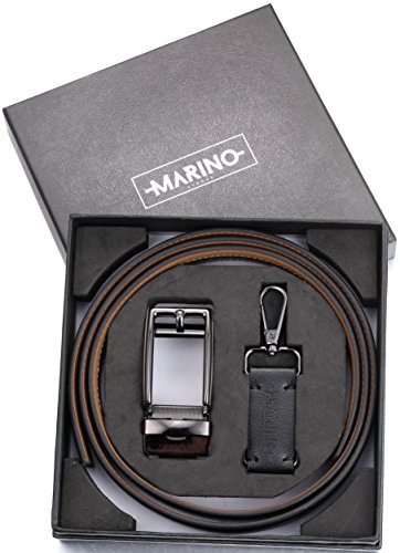 Marino Men's Genuine Leather Ratchet Dress Belt with Open Linxx Buckle, Enclosed in an Elegant Gift Box - Gunblack Silver Square Open Buckle W/Black Leather - Custom: Up to 44" Waist