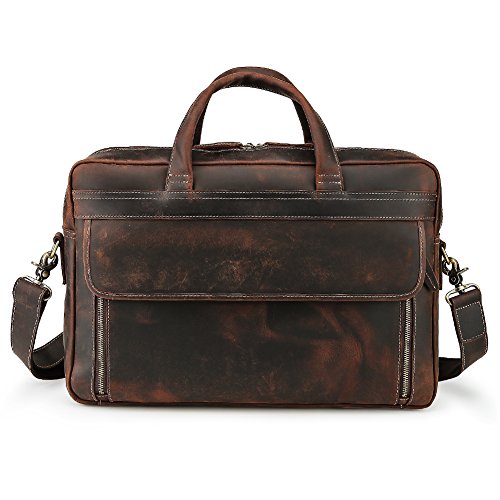 Masa Kawa Vintage Leather Briefcase for Men 17 Inch Laptop Computer Case Business Travel Work Messenger Cross Body Shoulder Bags,Brown