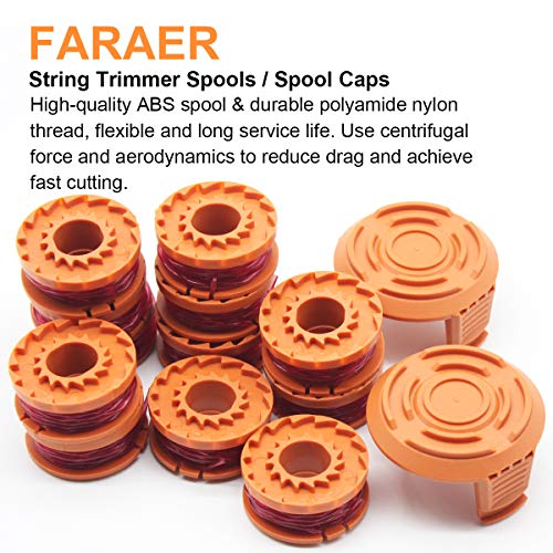 Faraer WA0010 Spool for Worx Trimmer Grass Edger String 10ft 0.065" Autofeed Spool Line WA0004 Compatible with Worx WG180 WG163 Weed Eater 14 Pack (12 Trimmer Spools and 2 Trimmer Spool Cap)