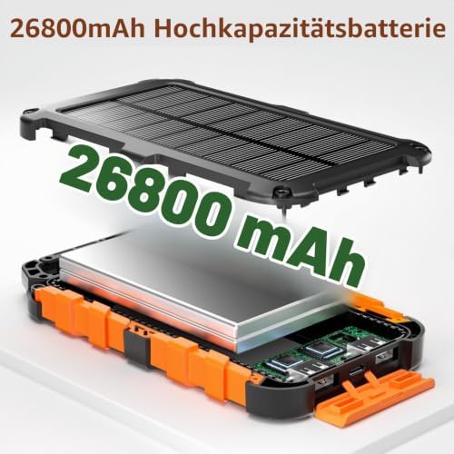 Solar Powerbank 26800mAh, PD22.5W Tragbare Solar Ladegerät USB C Externer Akku Outdoor Wasserdichtes mit LED-Licht und 3 Ausgängen für Smartphones Tablets Camping