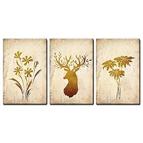 3 Panel Canvas Wall Art - Golden Deer with Giant Floral Antler - Giclee Print Gallery Wrap Modern Home Art Ready to Hang - 16"x24" x 3 Panels