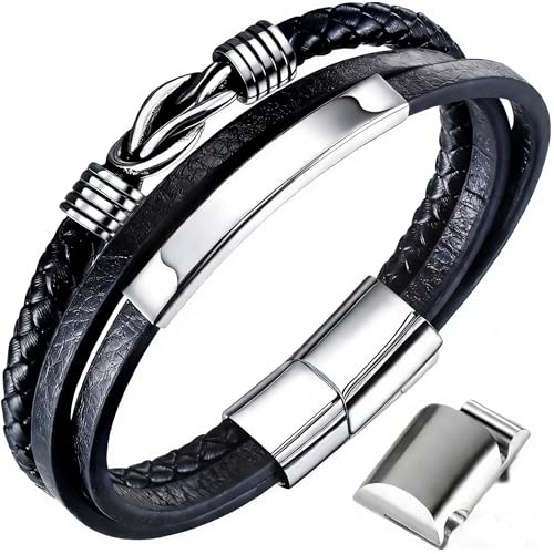 Gkmamrg Men's Bracelet Leather Bangle Black Leather Band for Men, Braided Genuine Leather Wide Leather Bracelet Wrap Bracelet with Magnetic Clasp