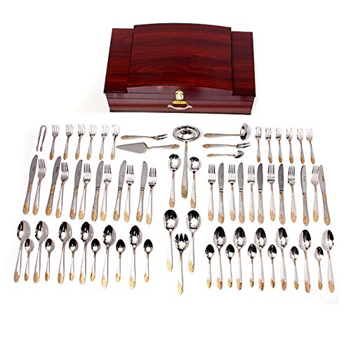 Venezia Collection 'Greek' 85-pc Luxury Flatware Set, Dining Silverware Cutlery Service for 12, Premium 18/10 Surgical Stainless Steel, 24K Gold-Plated Hostess Serving Set, Wood Storage Chest - Thumbnail 2