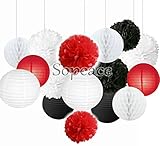 Sopeace 16 pcs Mixed Red Black White Party Decor Kit Paper lantern Paper Star Garland Tissue Pom Poms Hanging Flower Ball for Wedding,Birthday,Baby,Bridal Shower,Room decor &Themed Party Decor Favor