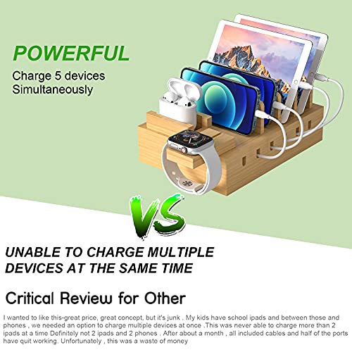 ZCPOW Bamboo Charging Station for Multiple Devices Dock Organizer with 5 USB Ports and 5 Charging Cables Compatible with Cellphone, Kindle, Smart Watch, Power Bank,(UL Adapter Attached).
