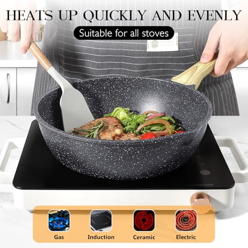 GiPP Nonstick Deep Frying Pan - 24cm Saute Pan with Lid Granite Induction Cookware, Non Stick Woking Pan Skillet, Dishwasher Safe, PFOA PFOS APEO Free (Gray)