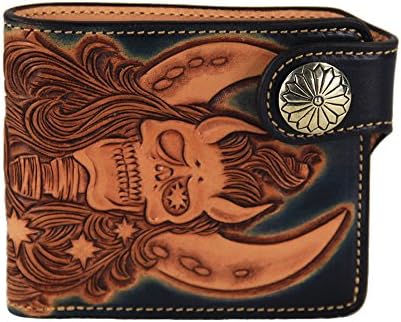 LengRen Senior Handmade Short Folding Wallet Carved with Skeleton Pattern Genuine Italian Full Grain Leather with Vegetable Tanning Technology Personal Design of Snap-fastener, Black