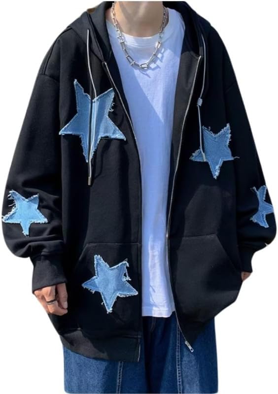 CEINOM Men's Star Patch Zip Up Hoodie for Men Women Graphic