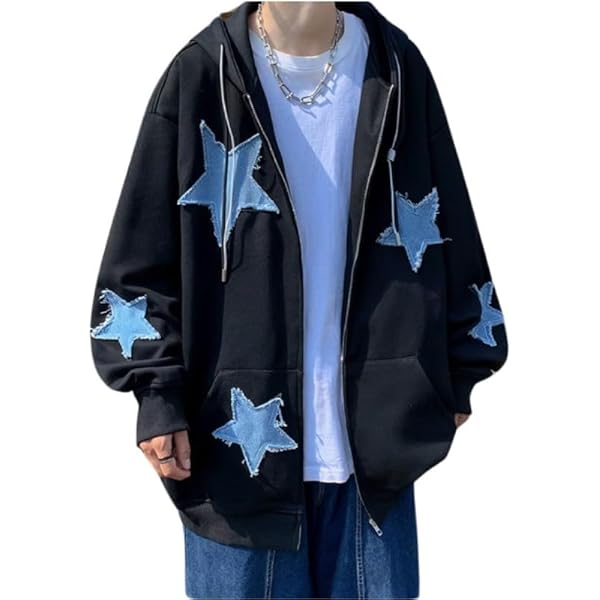 Manniduole Y2K Oversized Zip Up Hoodie Grunge Star Patch
