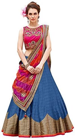 Clickedia Women &amp; Girls Heavy Semi-stitched Bhagalpuri Silk Blue &amp; Pink Lehenga Choli with diamond work blouse pc