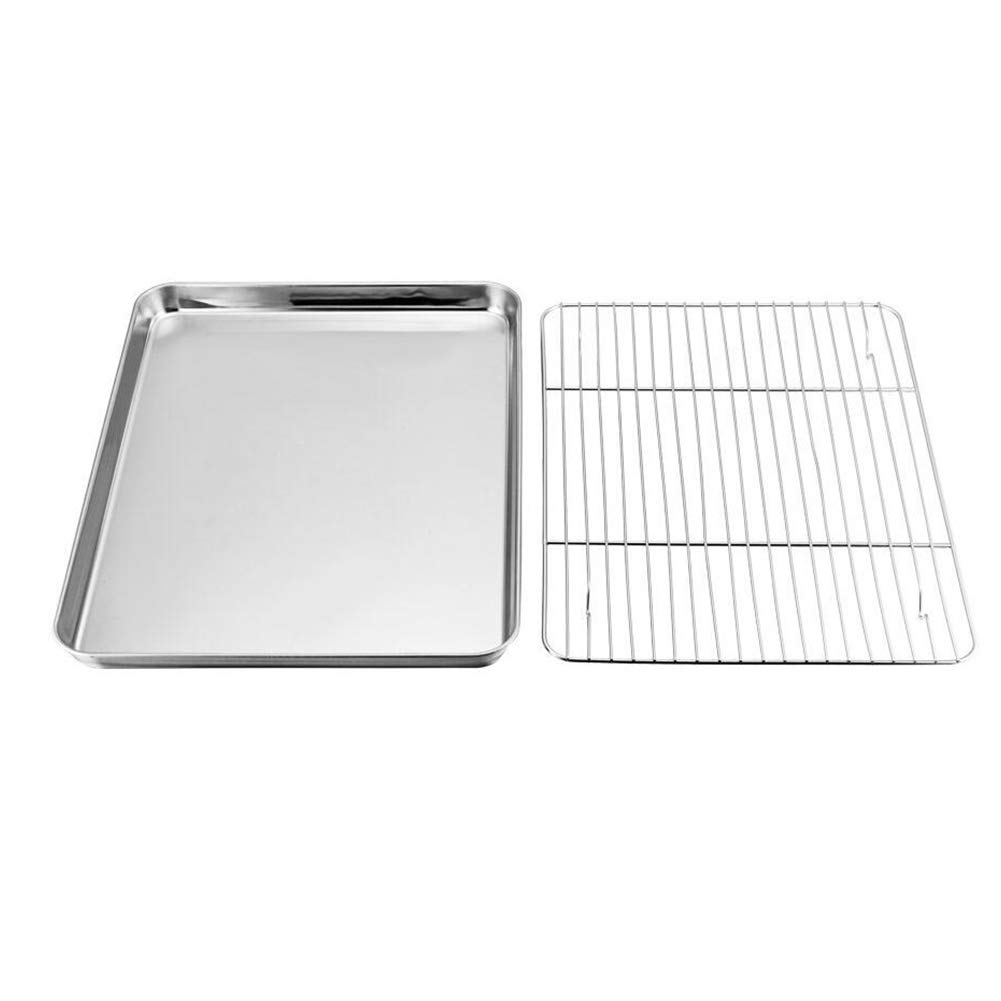 ZDYS Toaster Oven Tray Baking Pans with Cooling Rack, Stainless Steel Metal Cookie Sheets Set, Sturdy & Heavy Bakeware Sheet Trays Mirror Finish, Dishwasher Safe,26x20x2.5cm