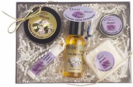 All Natural Mild Lavender Jojoba Skin Care Sampler Pack, 5 items, Hand Made. Includes Lavender Lip Balm, Lavender Hand Salve, Unscented Salt Scrub, LavenderSoap, Pure Jojoba Oil; mild scent