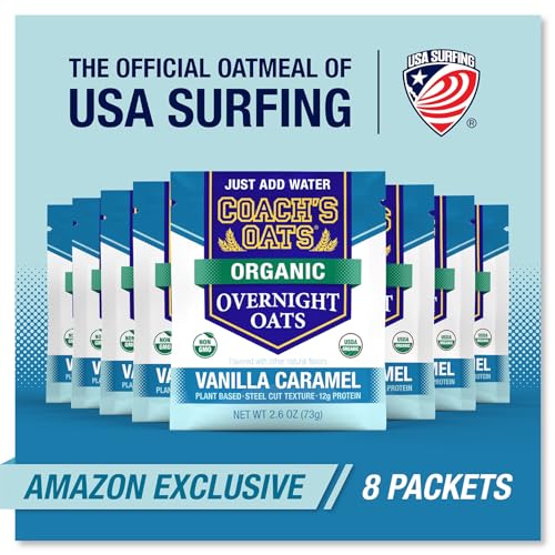 COACH’S OATS ORGANIC OVERNIGHT OATS VANILLA CARAMEL – 8 PACKETS, 2.6OZ | JUST ADD WATER, STEEL-CUT TEXTURE, 100% VEGAN | NON-GMO, PLANT-BASED 12G PROTEIN | DESIGNED TO FUEL THE ATHLETE IN YOU!