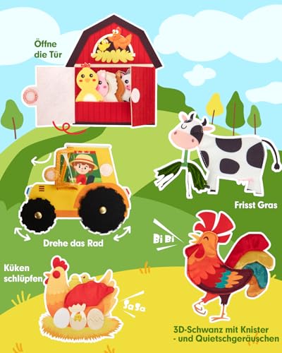 hahaland Montessori Toy from 1 Year - Farm Theme Quiet Book, 20-in-1 Busy Board Soft Felt for Early Education, Busy Book for Car Riding, Toy from 1 2 3 Years, Gift for 1 Birthday