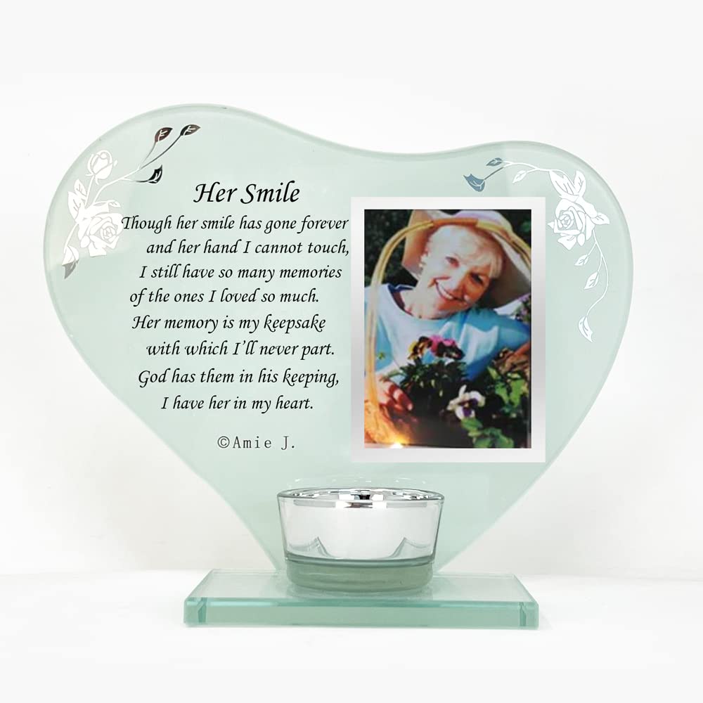 Photo Frame Candle Holder Memorial Plaque Gift with Space to Add a Photograph, Heart-Shaped, Engraved with a Personalised Poem, for Bereavement, Death Anniversary of your Loved Ones (Her Smile)