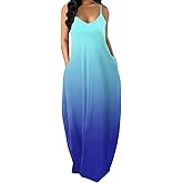 OFEEFAN Women's Maxi Dresses Summer Spaghetti Strap Dress with Pockets