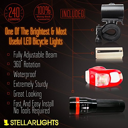 StellarLights - Solid Aircraft Aluminum Bike Light - Bright 240 Lumens LED Bicycle Headlight with Tail Light - Waterproof -