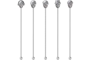 Mewuthede Skull Shape Swizzle Sticks, Reusable Stainless Steel Coffee Beverage Stirrers Cocktail, 5-Pack Drink Stir Sticks for Bar Party Home Office (Ancient Silver)