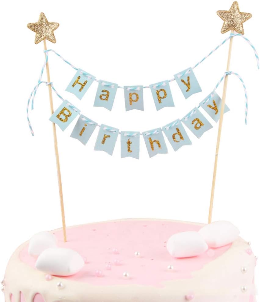 SONSMER Happy Birthday Cake Topper Banner - Handmade Ivory Pennant Flag Banner Cake Topper with Wooden Polls - Perfect for Cakes, Donut Cakes, Cupcakes