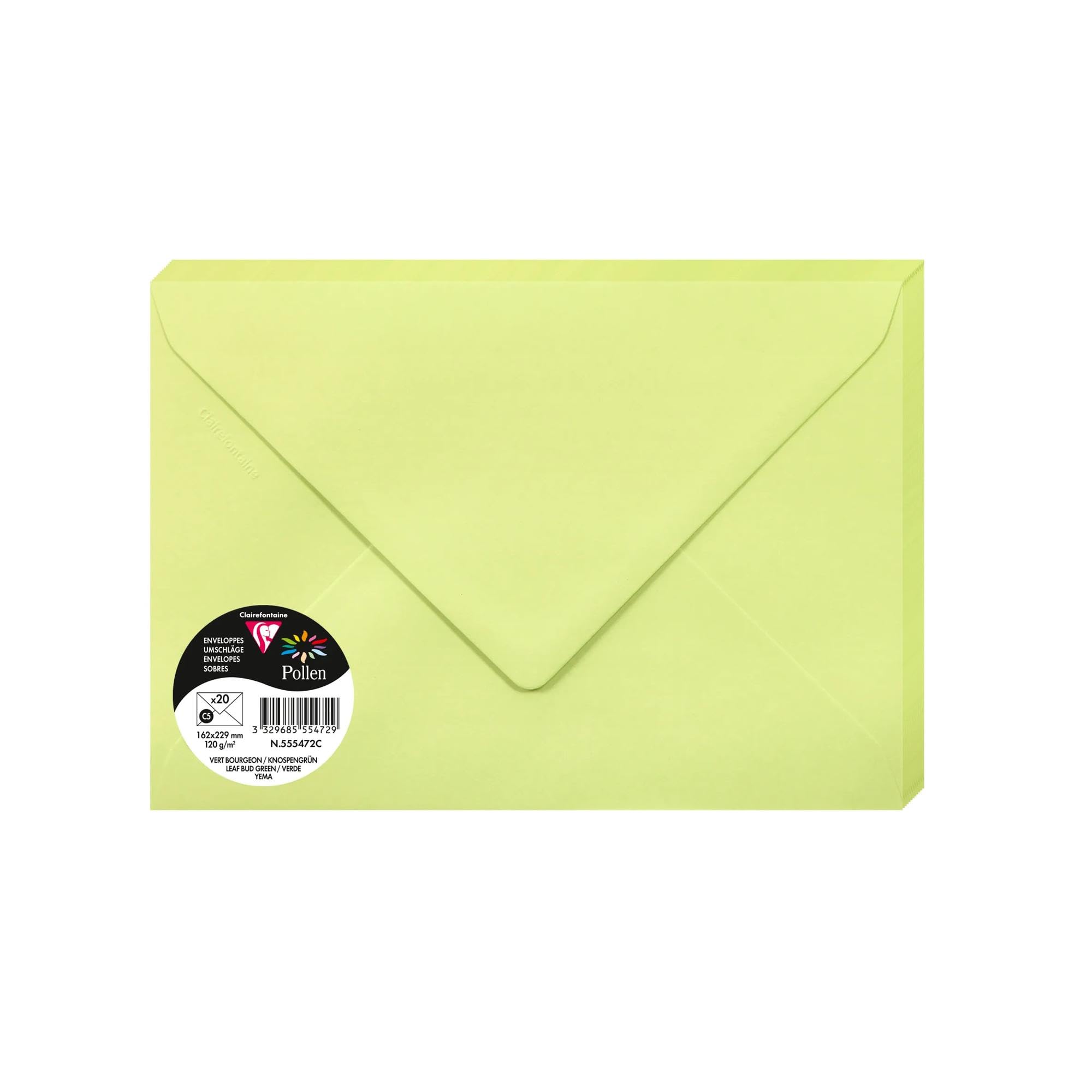 Clairefontaine 555472C Pack of 20 Gummed Envelopes C5 (16,2x22,9cm) 120gsm Colour Leaf Bud Green Invitation Events Correspondence Pollen range Smooth Paper