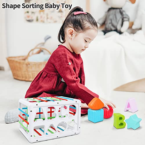Baby Shape Sorting Toy, Sensory Sorting Bin with 14 Colorful Textured