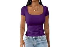 Dwnval Womens Summer Sexy Square Neck Tops Double Lined Short Sleeve Shirts Slim Fit Crop Top