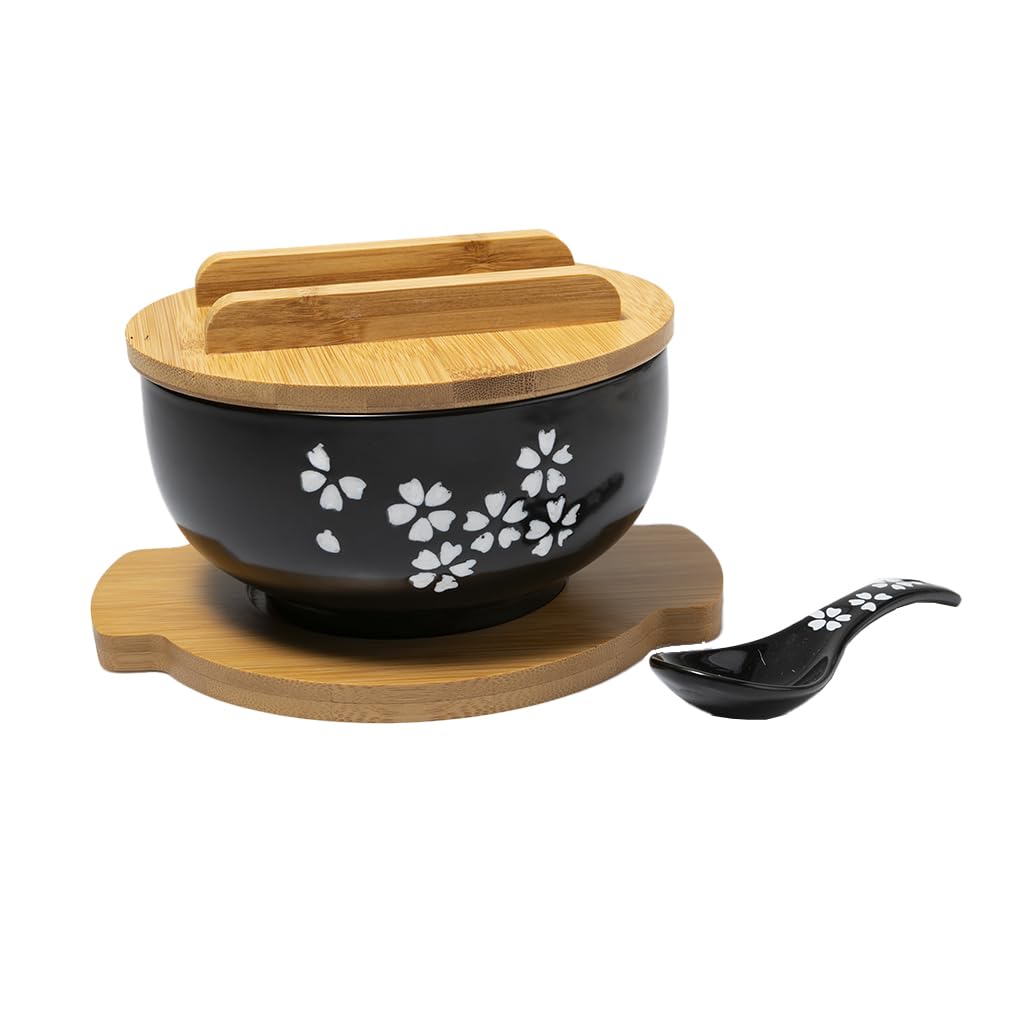 lachineuse - Large Porcelain Ramen Bowl - Soup & Noodles - Black ⌀ 16 cm - Japanese Zen Style - Capacity 1000 ml - Spoon, Chopsticks & Holder - Japanese Tableware Decorative Gift