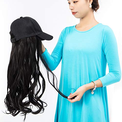 18″ Baseball Cap With Synthetic Hair Extensions Curly Wavy Hairpiece Wig with Adjustable Black Baseball Hat with Hair