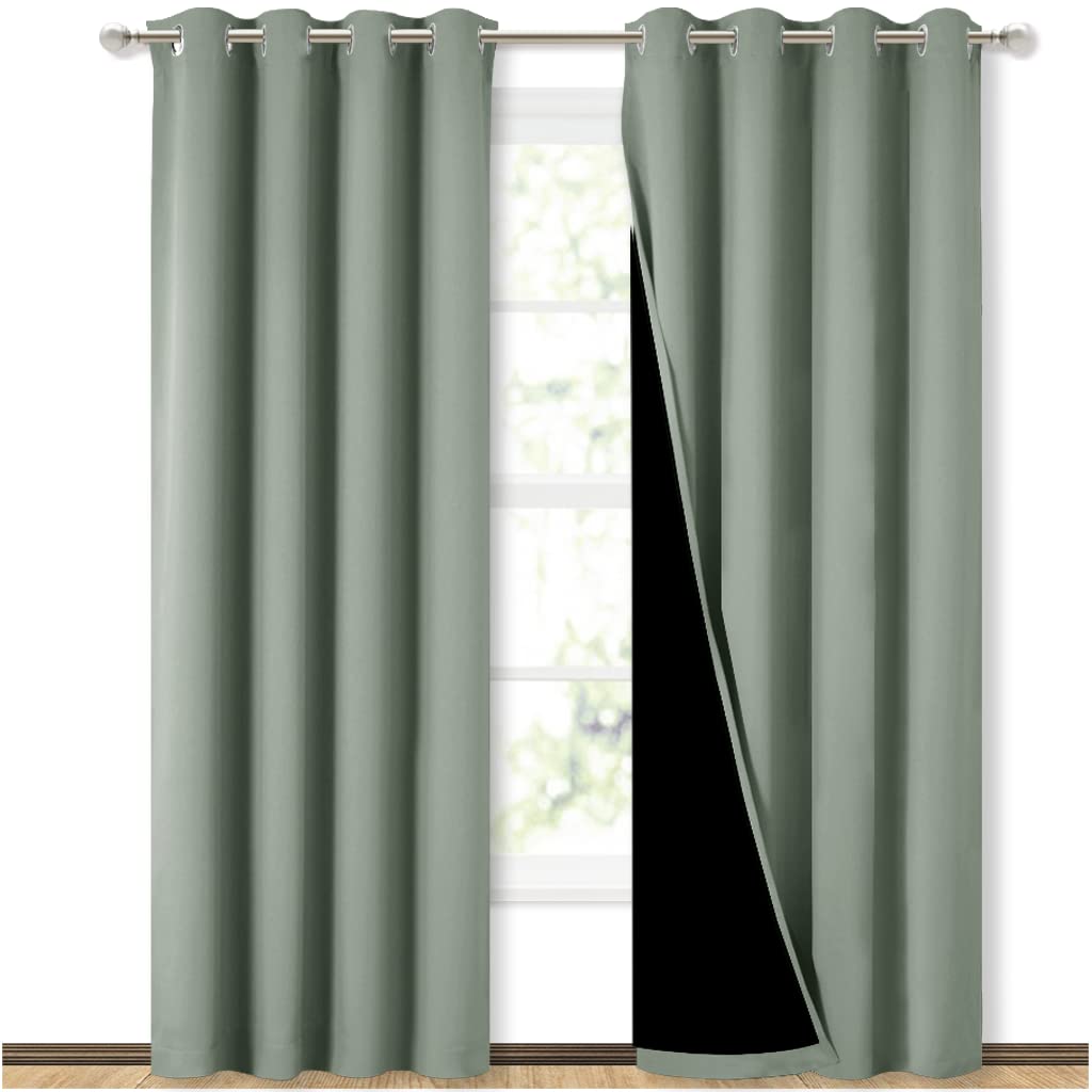 Photo 1 of NICETOWN 100% Blackout Window Curtain Panels, Cold and Full Light Blocking Drapes with Black Liner for Nursery, 84 inches Drop Thermal Insulated Draperies (Greyish Green, 2 Pieces, 52" Wide per Panel)