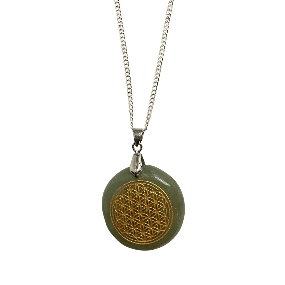 VIE Disc Pendant with Flower of Life Design, 3cm (Green Aventurine)