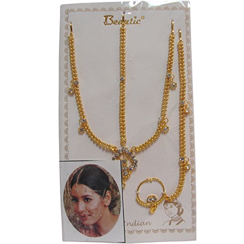 Indian Gold-Toned Belly Dance Costume Accessory Head and Nose Chain with Dangling Rhinestones