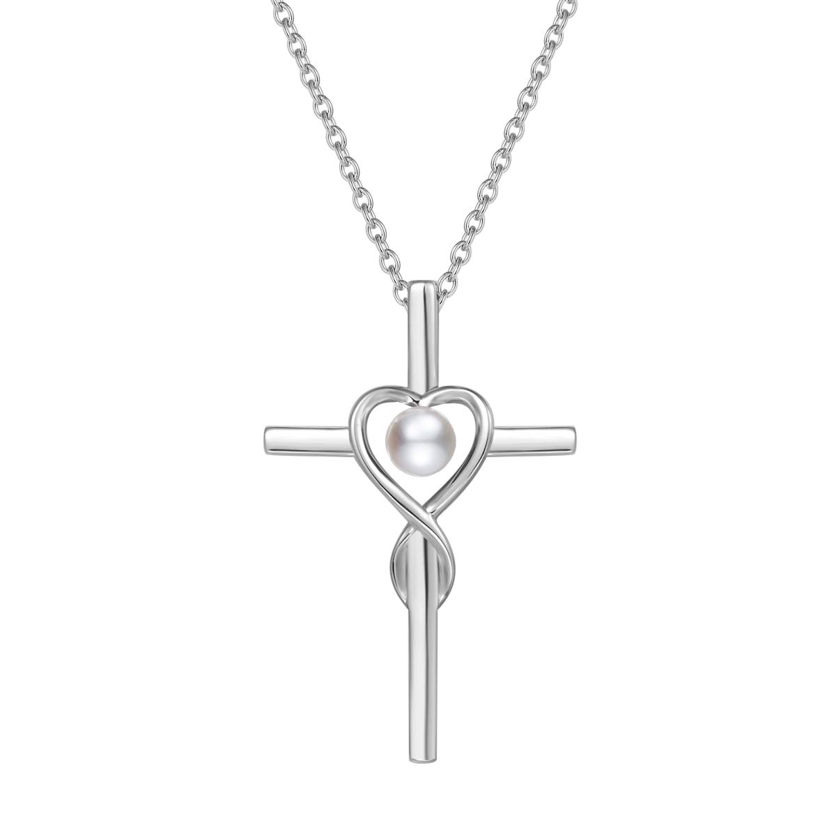 FANCIME 925 Sterling Silver Crucifix Infinity Heart Cross Pendant Necklace with Natural Pearl Gemstone June Birthstone Fine Jewellery for Women Girls - Chain Length: 16 + 2 Inch