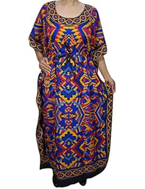 Mogul Womens Long Caftan Kaftan Multicolor Printed Bikini, Swimsuit Cover up Dress One Size