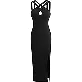 winkbay Women's Elegant Criss Cross Bodycon Dress Summer Sleeveless High Slit Midi Evening Party Cocktail Dresses