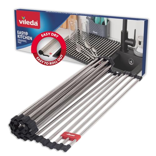 Vileda Draining Rack Sink 45 x 40 cm Stainless Steel & TPE - 24 Rails Rollable - Ideal as a Rack for Tableware and Sink Cover - Foldable Dish Drainer