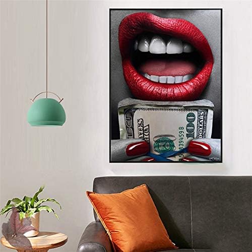 MMLUCK Decorative Canvas Uninterestedly red Lips Canvas Art with Gun Posters and Wall Images for Living Room n Wall Art Decorative painting-40x50cm