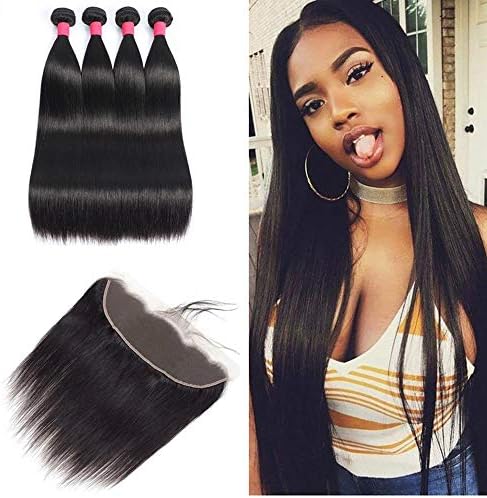 Brazilian Straight Hair 4 Bundles with Frontal Closure (14 16 18 20+14frontal)13x4 Lace Frontal With Bundles 100% Unprocessed Brazilian Virgin Human Hair Extensions Natural Color(14 16 18 20+14)