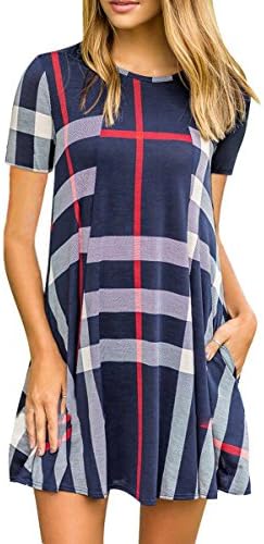 Sunfury Women Loose T-Shirt Dress Short Sleeve Casual Crewneck Plaid Tunic Tops Navy Blue