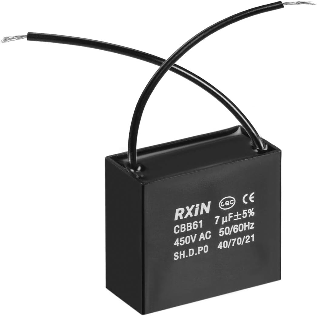 sourcing map Ceiling Fan Capacitor CBB61 7uF 450V AC 2 Wires Metalized Polypropylene Film Capacitors 47x23x41mm for Water Pump Motor Generator